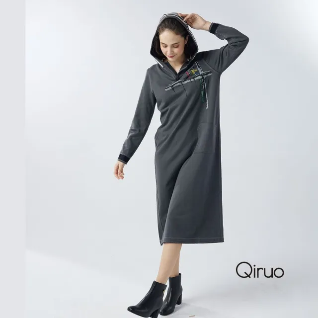 【Qiruo 奇若名品】厚磅棉 連帽長袖長版深灰色連帽洋裝6202F 