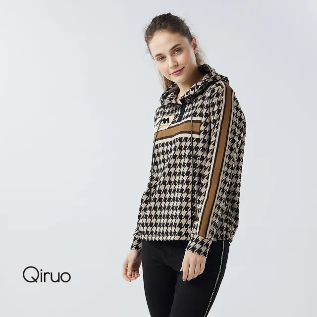 【Qiruo 奇若名品】厚磅棉質千鳥格紋 拉鍊式連帽咖啡上衣4183A 