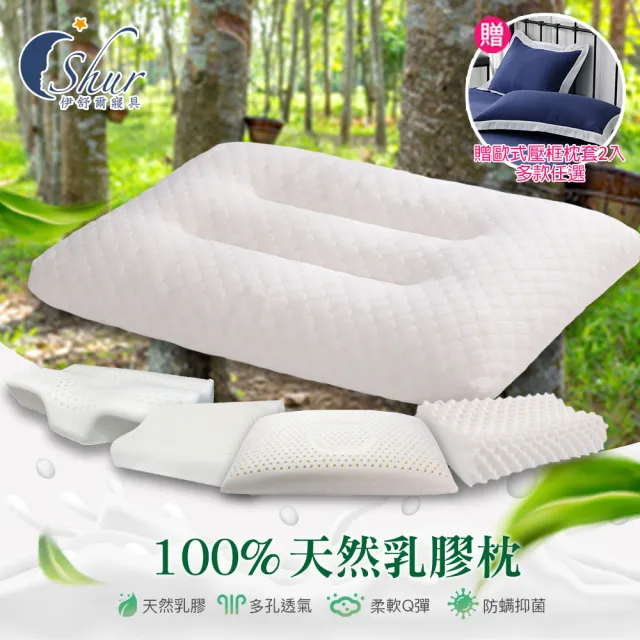 【ISHUR 伊舒爾】100%泰國天然乳膠枕2入 多款任選(加碼贈歐式壓框枕套2入/枕頭/泰國乳膠)