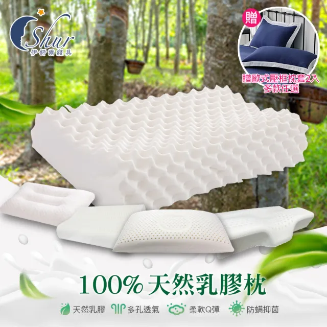 【ISHUR 伊舒爾】100%泰國天然乳膠枕2入 多款任選(加碼贈歐式壓框枕套2入/枕頭/泰國乳膠)