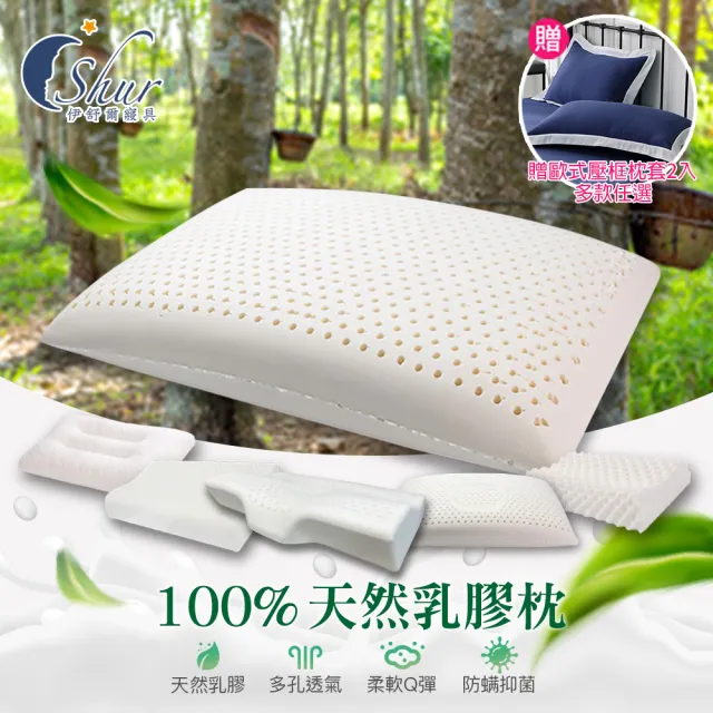 【ISHUR 伊舒爾】100%泰國天然乳膠枕2入 多款任選(加碼贈歐式壓框枕套2入/枕頭/泰國乳膠)