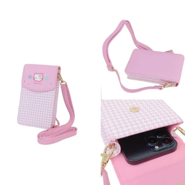 【小禮堂】Sanrio 三麗鷗 復古千鳥格 皮質斜背手機包 - Y2K Kitty 美樂蒂 酷洛米 大耳狗(平