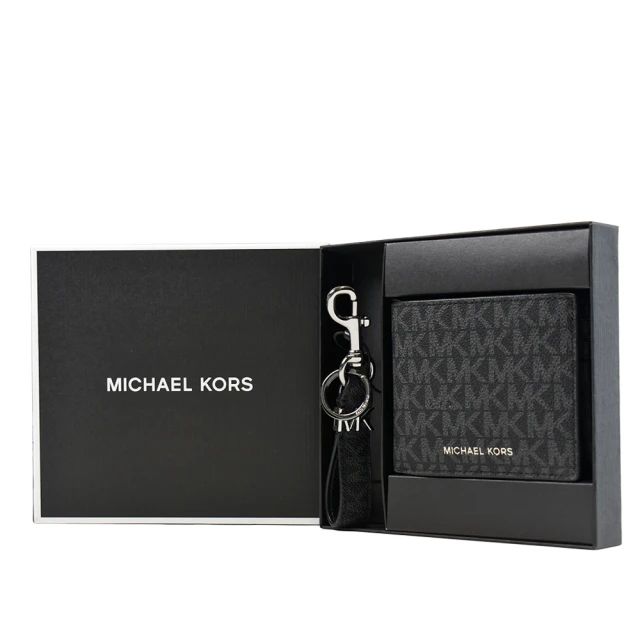 Michael Kors 男款 緹花LOGO防刮皮革八卡短夾/鑰匙圈禮盒-黑色