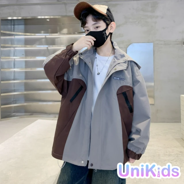 UniKids 中大童裝長袖連帽外套 撞色衝鋒衣夾克 男大童裝 CVBN6037(灰)