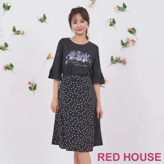 【RED HOUSE 蕾赫斯】大小圓點拼接及膝裙(黑色)