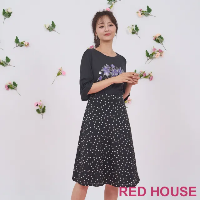 【RED HOUSE 蕾赫斯】大小圓點拼接及膝裙(黑色)
