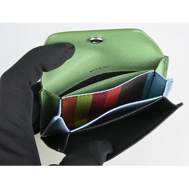 【Paul Smith】PAUL SMITH簽名燙印LOGO拉絲紋牛皮3卡壓釦式卡夾包(黑x草綠x淺藍x多色)