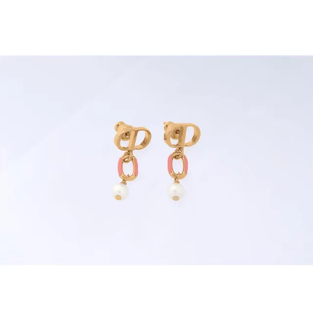【Dior 迪奧】Dioriviera Petit CD 亮漆垂墜珍珠針式耳環(金色/珊瑚橘)