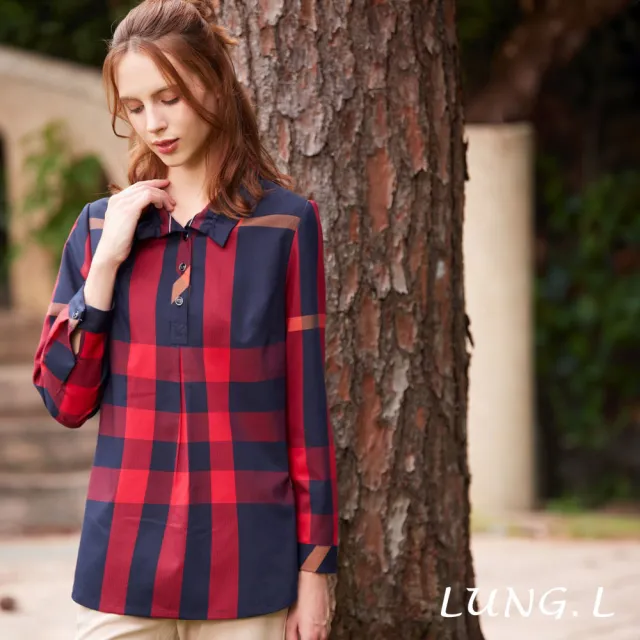 【LUNG.L 林佳樺】LQ50A 紅藍格紋Aline長版長袖女裝上衣(秋冬新品 加大尺碼)
