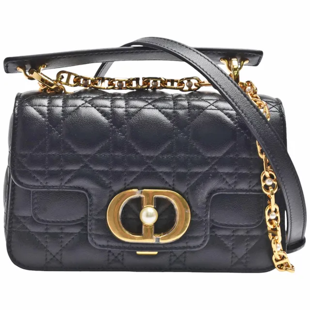 【Dior 迪奧】經典JOLIE TOP金屬LOGO CANNAGE藤格紋小牛皮珍珠綴飾手提/斜背包(黑色M9272UBHI_M900)