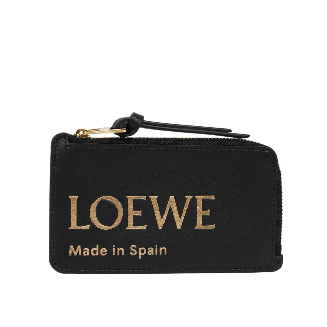 LOEWE 羅威 金色Logo 燙印小牛皮拉鍊零錢包/卡夾包(黑色)