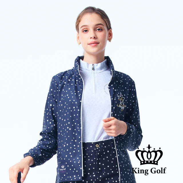 KING GOLF 實體同步-女款滿版星星印花薄款立領拉鍊高爾夫球可收連帽夾克外套(深藍)