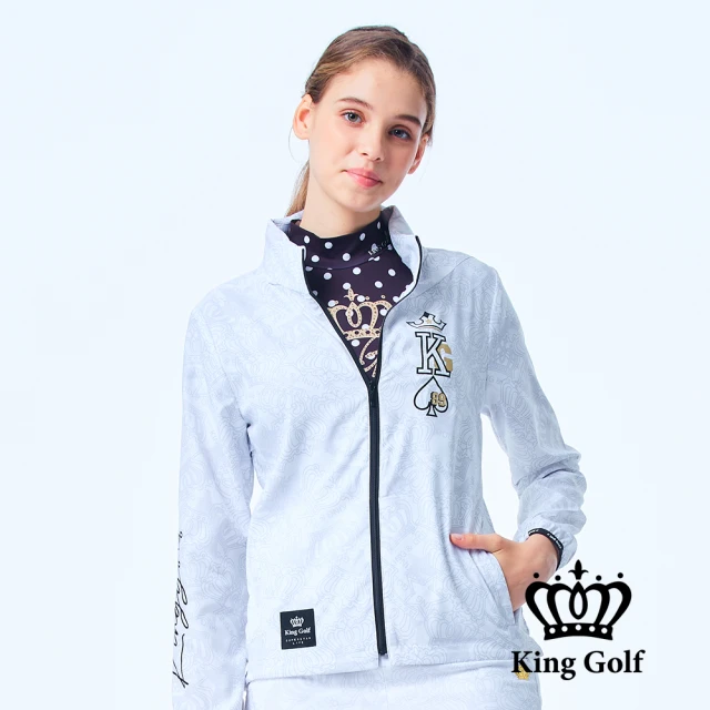 KING GOLF 實體同步-女款皇冠印花薄款立領拉鍊高爾夫球可收連帽夾克外套(白色)