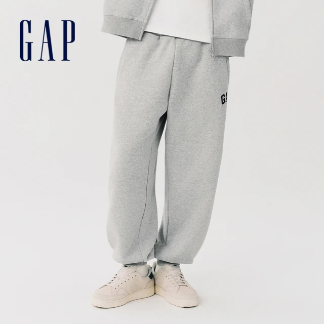 GAP 男裝 Logo刺繡刷毛束口鬆緊運動褲 碳素軟磨系列-灰色(677015)