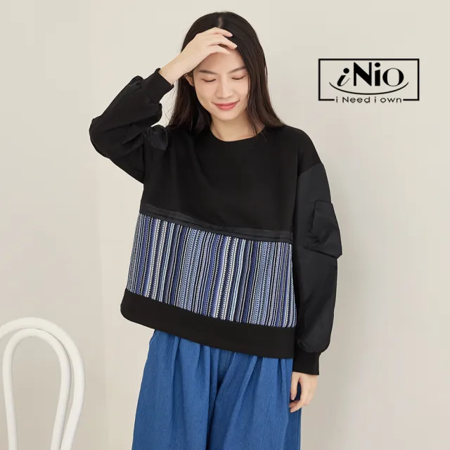【iNio 衣著美學】長袖上衣 秋冬新品 現貨 條紋拼接 圓領 長袖棉T(CDW1745)