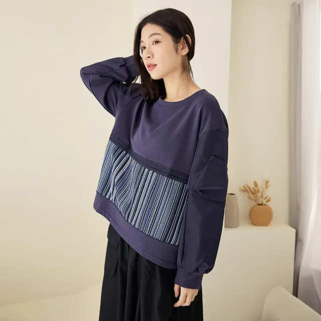 【iNio 衣著美學】長袖上衣 秋冬新品 現貨 條紋拼接 圓領 長袖棉T(CDW1745)