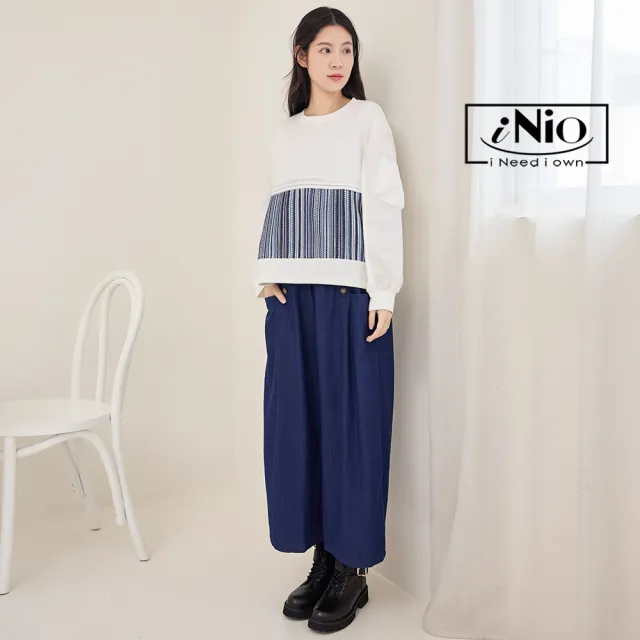 【iNio 衣著美學】長褲 秋冬新品 現貨 丹寧風 雙口袋 鬆緊腰 牛仔寬褲(CDW2737)