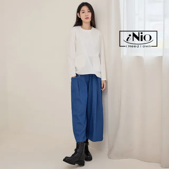 【iNio 衣著美學】長褲 秋冬新品 現貨 丹寧風 雙口袋 鬆緊腰 牛仔寬褲(CDW2737)