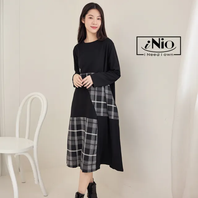 【iNio 衣著美學】洋裝 秋冬新品 現貨 撞色 條紋拼接 長袖 連身裙(CDW3701)