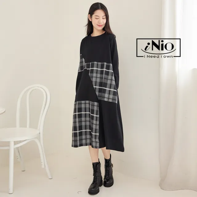 【iNio 衣著美學】洋裝 秋冬新品 現貨 撞色 條紋拼接 長袖 連身裙(CDW3701)