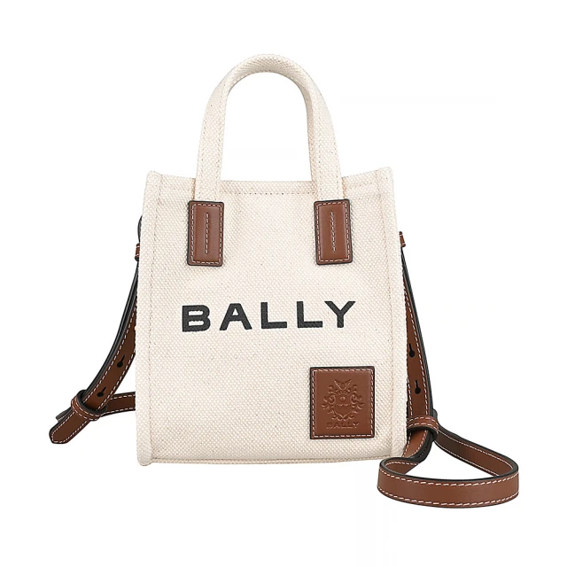 BALLY BALLY Akelei黑字LOGO帆布磁釦式手提/斜背托特包(迷你/自然白x淺棕)