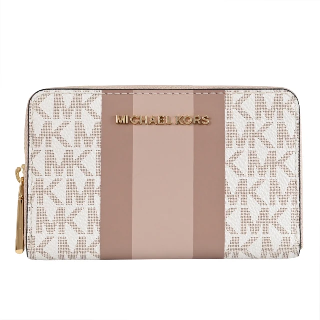 Michael Kors 經典MK LOGO印花條紋信用卡名片證件零錢包(粉/白)