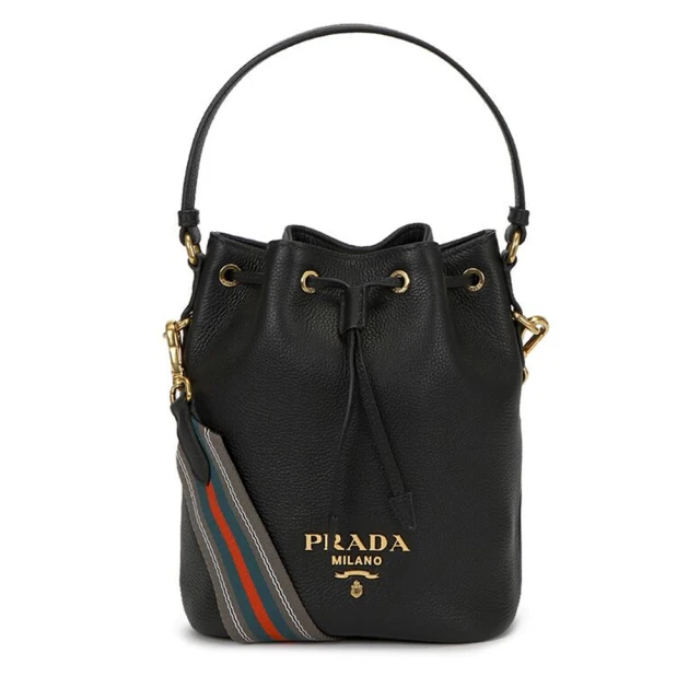 PRADA 普拉達 1BE072 經典LOGO質感小牛皮雙色背帶手提斜背兩用水桶包(黑色)