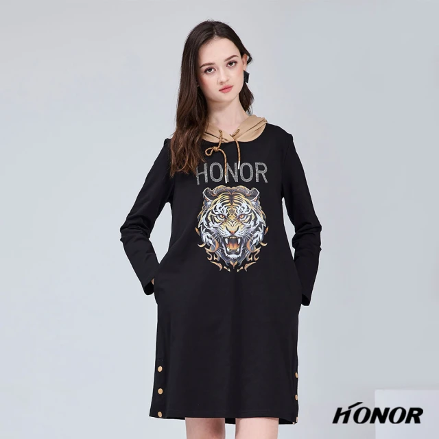 HONOR 山形屋 品牌撞色老虎圖案連帽洋裝-黑