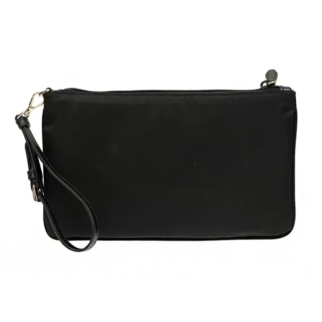 【PRADA 普拉達】1NH545 經典三角LOGO尼龍牛皮飾邊拉鍊手拿包(黑色)