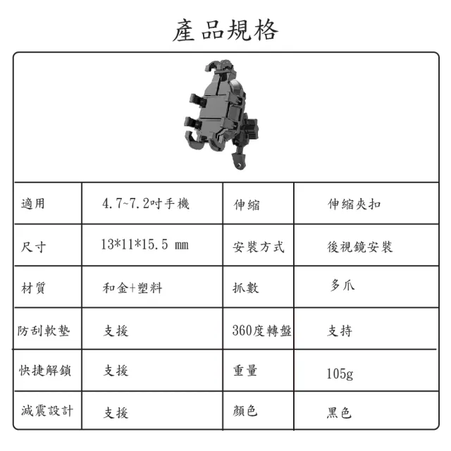 【JINPEI 錦沛】減震系列 多抓章魚型 專業摩托車 機車 自行車手機架-後視鏡型(JH-02B-M)