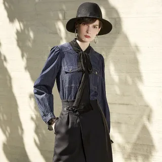 【mia mia】綁帶剪接牛仔襯衫