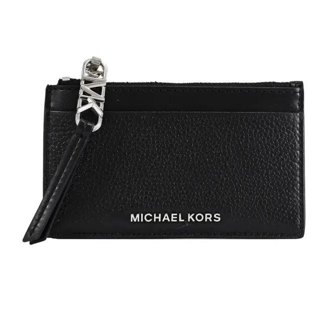 【Michael Kors】簡約金屬LOGO皮革信用卡證件名片零錢包(黑銀)
