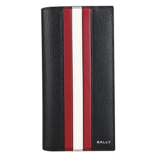 【BALLY】BALLY Mythos銀字燙印紅白條紋塗層皮革直立式對開長夾(黑)