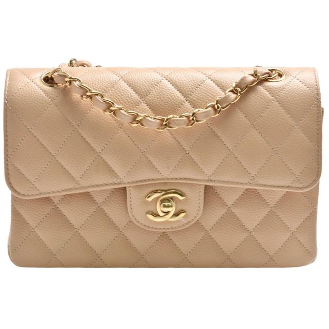 【CHANEL 香奈兒】經典COCO菱格粒紋牛皮雙鍊肩背包(23cm裸膚色A01113C-NUDE-GP)