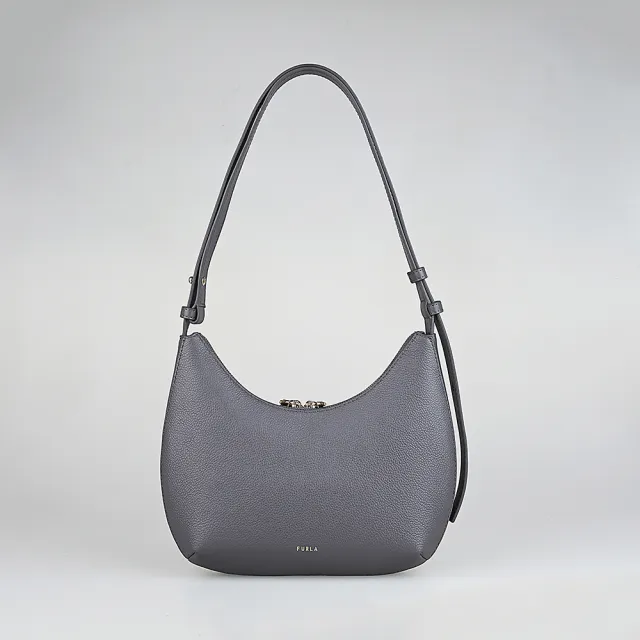 【FURLA 芙拉】FURLA GOCCIA金屬圓柱LOGO粒面小牛皮拉鍊肩背斜背包(土灰)