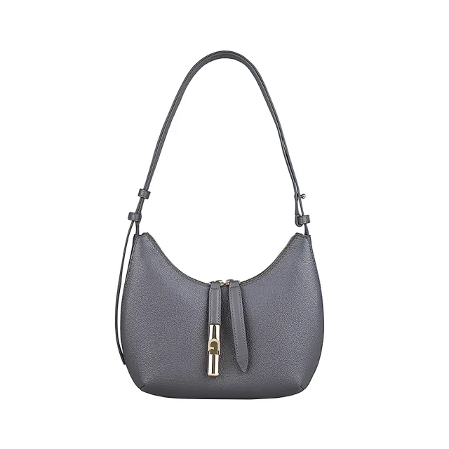 【FURLA 芙拉】FURLA GOCCIA金屬圓柱LOGO粒面小牛皮拉鍊肩背斜背包(土灰)