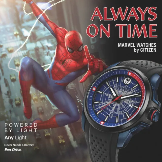 【CITIZEN 星辰】Eco-Drive 光動能 漫威英雄 聯名款蜘蛛人 東尼史塔克 橡膠腕錶 藍黑款(AW1156-01W)
