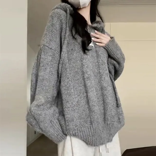 【D.studio】韓版寬鬆慵懶風連帽毛衣(針織上衣毛衣長袖上衣女裝衣服發熱衣保暖上衣冬裝內刷毛 W515)