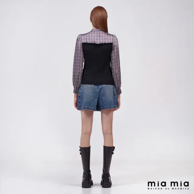 【mia mia】灰格紋拼接綁帶上衣