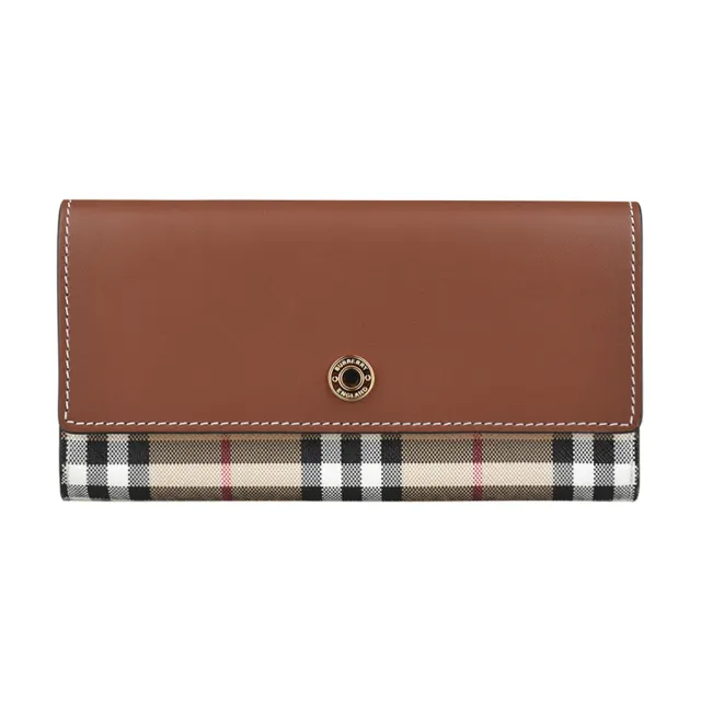 【BURBERRY 巴寶莉】BURBERRY HALTON VINTAGE LOGO釦式12卡牛皮搭PVC長夾(奶茶棕)