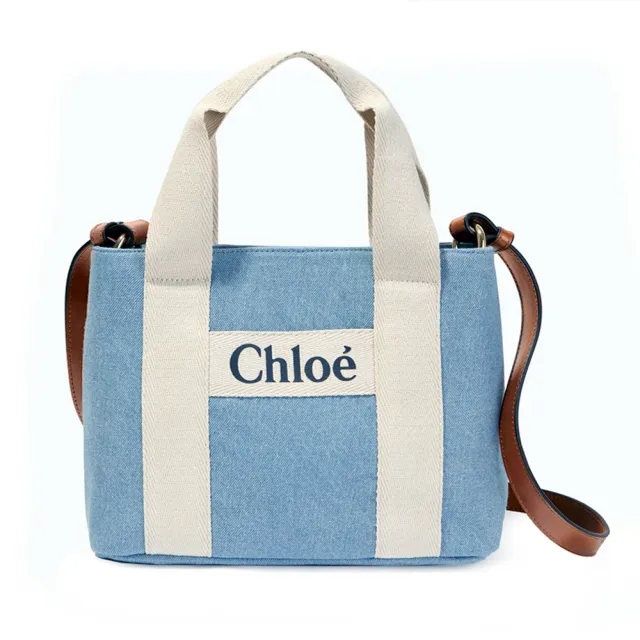 【Chloe’ 蔻依】CHC24SB200046Z10 經典LOGO帆布牛皮飾邊手提斜背包(藍色)