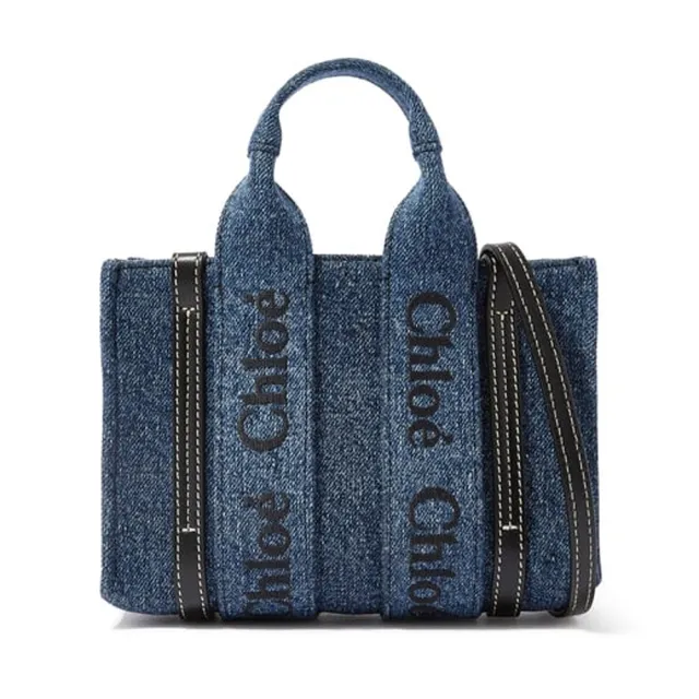 【Chloe’ 蔻依】CHC23UP237K3545D 經典WOODY系列帆布手提斜背MINI托特包(丹寧)