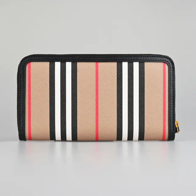 【BURBERRY 巴寶莉】BURBERRY燙金LOGO直條紋環保帆布12卡拉鍊長夾(典藏米x棕)