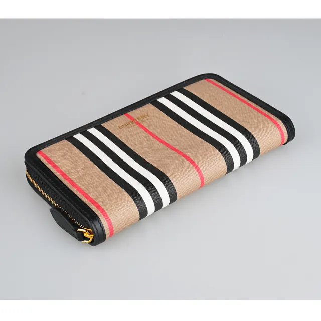 【BURBERRY 巴寶莉】BURBERRY燙金LOGO直條紋環保帆布12卡拉鍊長夾(典藏米x棕)