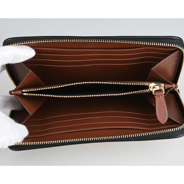 【BURBERRY 巴寶莉】BURBERRY燙金LOGO直條紋環保帆布12卡拉鍊長夾(典藏米x棕)