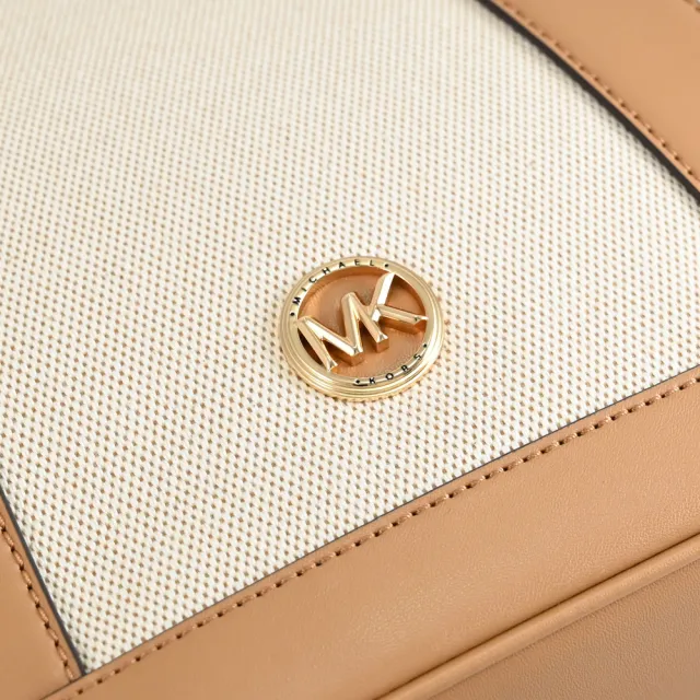 【Michael Kors】LUISA 簡約LOGO帆布皮革寬背帶手提包兩用包(咖邊)