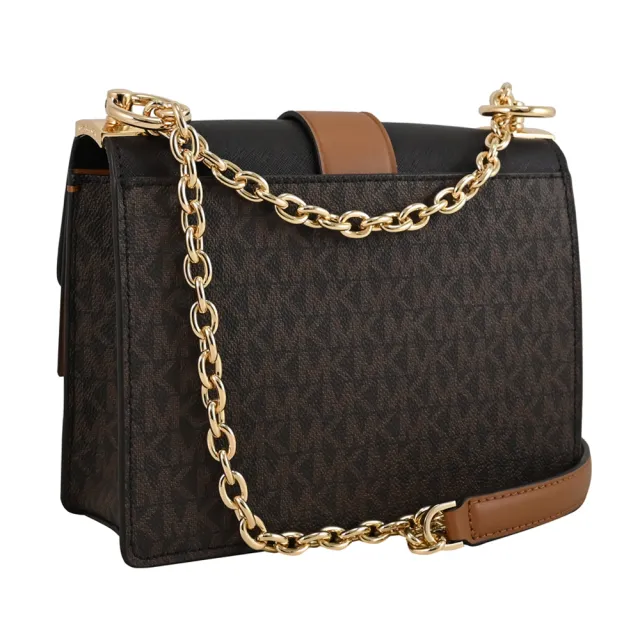 【Michael Kors】圓標金屬MK轉釦皮革拼接雙蓋肩斜三用鍊包(深咖)