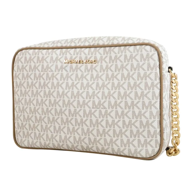 【Michael Kors】JET SET 經典撞色MK LOGO印花方包鍊包斜背包(白)