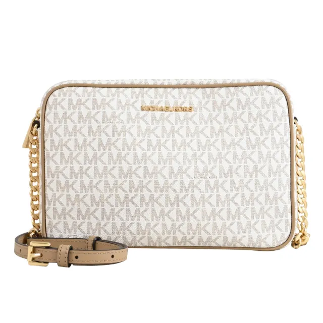 【Michael Kors】JET SET 經典撞色MK LOGO印花方包鍊包斜背包(白)