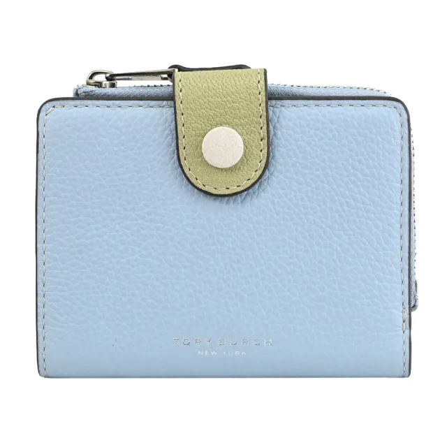 【TORY BURCH】簡約經典燙銀LOGO皮革扣式零錢短夾(淡藍)
